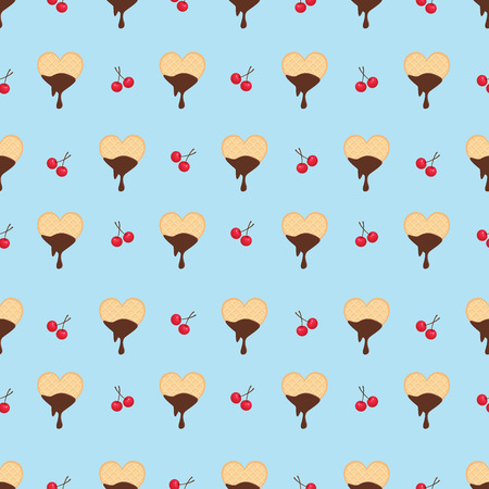 Seamless Repeatable Food And Beverages Pattern - Chocolate Love Shape Waffle And Cherryのイラスト素材