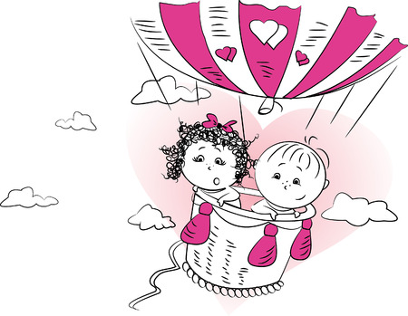 vector illustration, a couple in love is flying in a balloonのイラスト素材