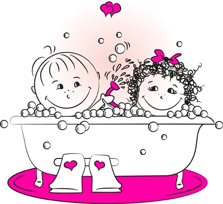 vector illustration, love man and a woman bathing in the bathroomのイラスト素材