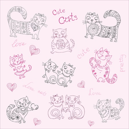 vector background with different cute animals,objects and heartsのイラスト素材