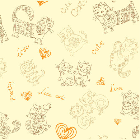 seamless vector background with different cute animals,objects and heartsのイラスト素材