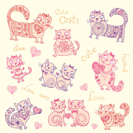 vector background with different cute animals,objects and heartsのイラスト素材