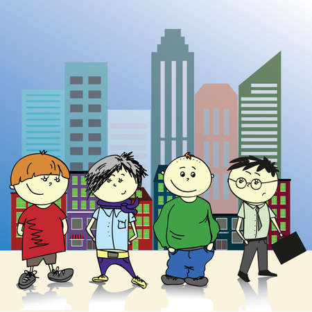 Four teenage boy on a background of the city, vectorのイラスト素材