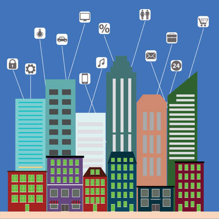 View of the city in style flat with icons of urban life, vectorのイラスト素材