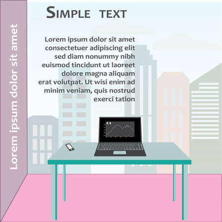 Laptop with graphs on the screen is on the table in front of a window on the background of the cityのイラスト素材