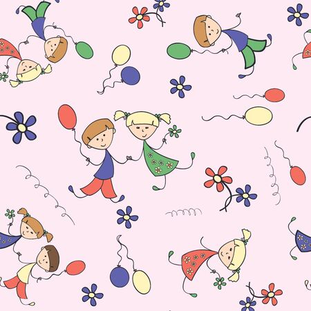 boy and girl with balloon, vector seamless backgroundのイラスト素材