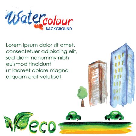 houses, cars and trees on a white background with space for text, watercolor, vectorのイラスト素材