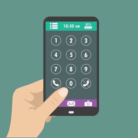 Hand holding smart phone, dial buttons on the screenのイラスト素材