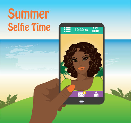 Vector selfie concept - flat girl taking selfie by mobile phone on the beach - new technology conceptのイラスト素材