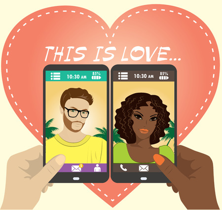 Beautiful young man and woman in love on the screen of your smartphone,flat vector.のイラスト素材