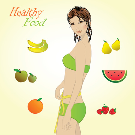 Girl and fruits, healthy food, vector infographics.のイラスト素材