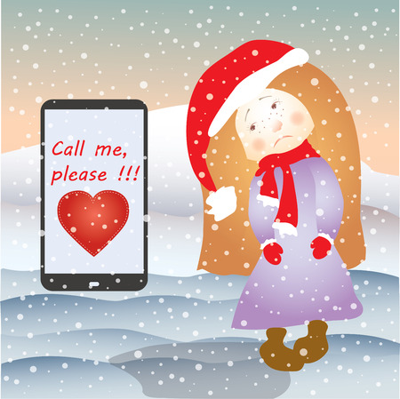 Sad girl and mobile phone SMS or email, under the snow, vectorのイラスト素材
