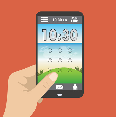 Hand holding smart phone, the screen saver with a graphical password, and clockのイラスト素材