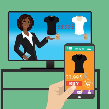 Woman is purchasing black t-shirt online in TV shop using smartphone.のイラスト素材