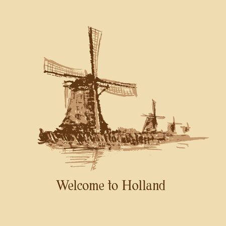 Watercolor Netherlands background. Hand drawn vintage illustration with windmillsのイラスト素材