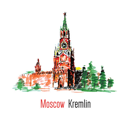 Kremlin, Red Square, Moscow, Russia. Watercolor hand drawing, vector illustrationのイラスト素材