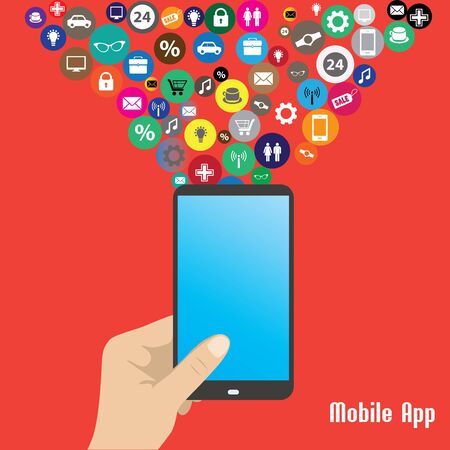 Mobile App,human hand smart phone illustration.のイラスト素材