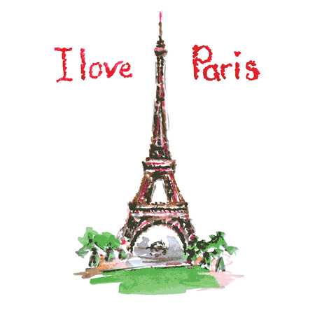 Love in Paris. Eiffel tower,lettering,pink hearts.Hand drawn watercolor decor.Vintage Vector...