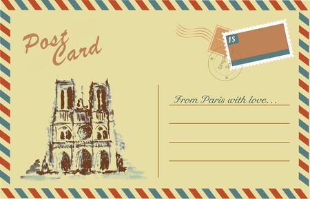 Vintage postcard with Notre Dame,watercolor hand drawing,vectorのイラスト素材