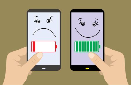 Two smart phone in his hands. One sad - discharged, the second fun - with a full charge. vectorのイラスト素材