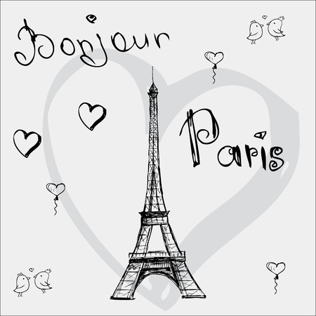 Vector hand drawn illustration with Eiffel tower. Bonjour Paris.のイラスト素材