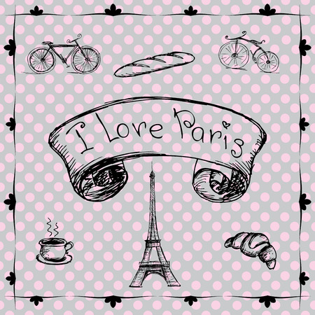 Vector hand drawn illustration with Paris symbolsのイラスト素材