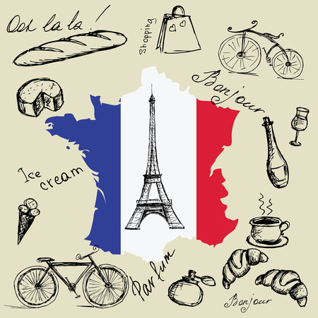 Eiffel tower, map and flag of France and the main symbols of theのイラスト素材