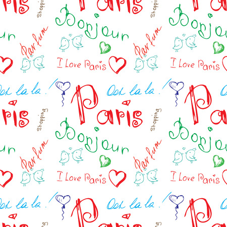 Colored word about Paris seamless pattern on white. Seamless pattern can be used for wallpaper, pattern fills, web page backgrounds, surface textures.のイラスト素材