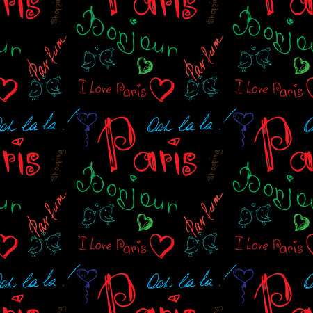 Colored word about Paris seamless pattern on black  . Seamless pattern can be used for wallpaper, pattern fills, web page backgrounds, surface textures.のイラスト素材
