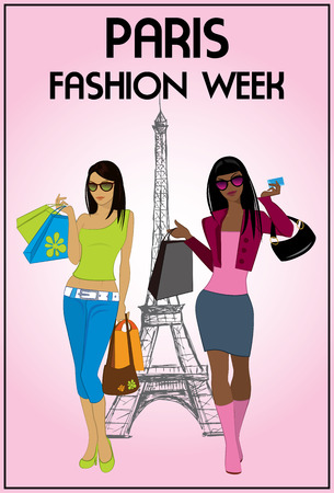 Two shopping girls in paris fashion week, vector illustrationのイラスト素材