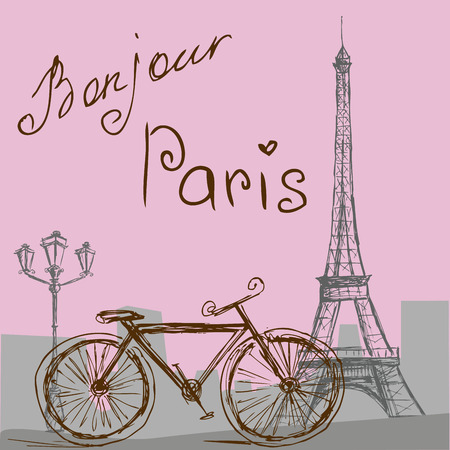 The poster with the bike  in vintage style. Silhouette of the Eiffel tower. Vector illustration.のイラスト素材