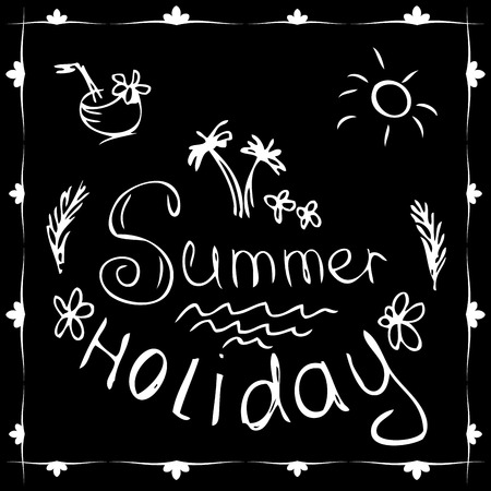 Summer typography with beach icons, t-shirt graphics on black background. Vector illustration. Banner of simple bright symbols of holidays.のイラスト素材