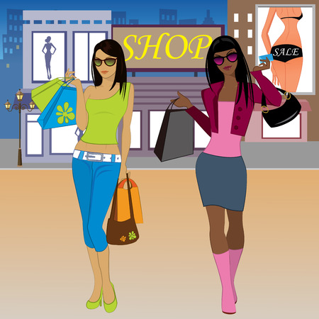 Shopping woman on the background of the city, vectorのイラスト素材