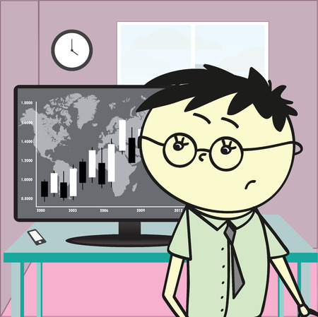 a young man in an office looking at a monitor with financial charts,vectorのイラスト素材