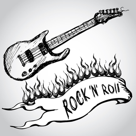 guitar, flames, rock and roll. Hand drawing. vectorのイラスト素材