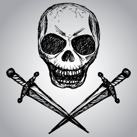 daggers and a skull, hand drawing, vectorのイラスト素材