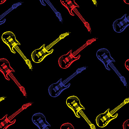 Seamless pattern Colored guitar on a black background. Seamless pattern can be used for wallpaper, pattern fills, web page backgrounds, surface textures.のイラスト素材