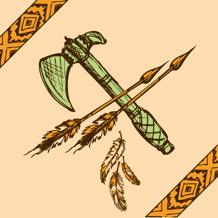 Vector illustration of native American Indian tomahawks, hand drawing, vectorのイラスト素材