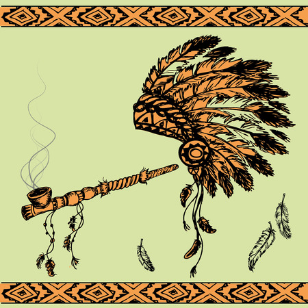 Vector illustration of a traditional Native American Peace Pipe and chief headdressのイラスト素材