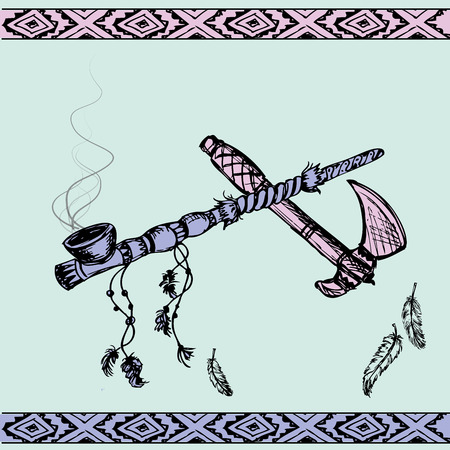 Vector illustration of a traditional Native American Peace Pipe and tomahawkのイラスト素材