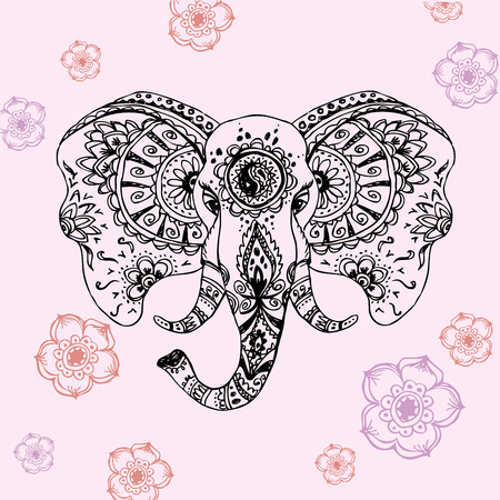 Vector abstract elephant in Indian style mehndi.Vector hand drawingのイラスト素材