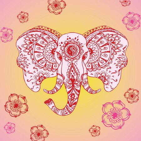 Vector abstract elephant in Indian style mehndi.Vector hand drawingのイラスト素材
