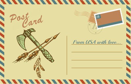 Vintage postcard with native American Indian tomahawks, hand drawing,vectorのイラスト素材