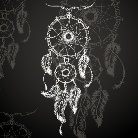 Dreamcatcher, feathers and beads on black background. Native american indian dream catcher, traditional symbolのイラスト素材