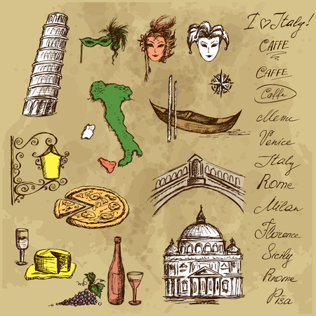 Symbols of Italy, hand-drawn, vector illustrationのイラスト素材
