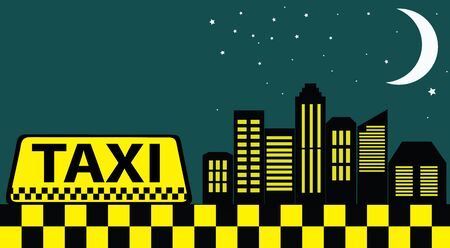 black card with taxi and night city skyscrapers, vector illustrationのイラスト素材