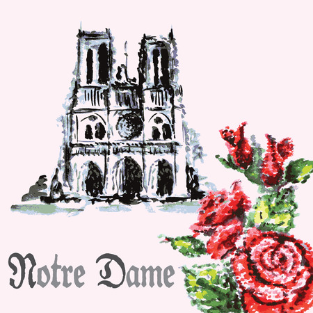 drawing by hand beautiful watercolor background bouquet of roses and Notre Dame de Paris Cathedralのイラスト素材