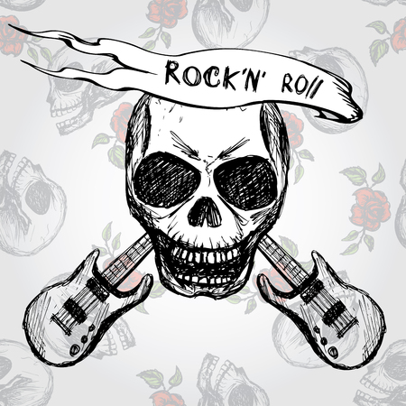 Rock and roll skull guitar . Hand drawing. Vectorのイラスト素材