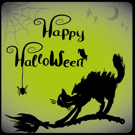 Halloween illustration with black cat, vector hand drawn  backgroundのイラスト素材