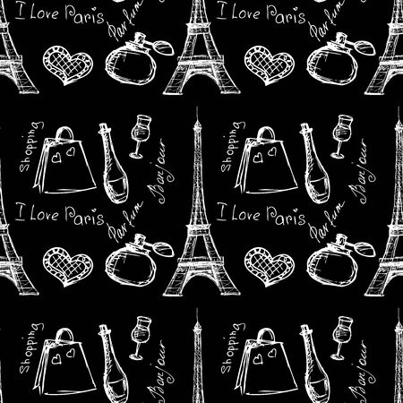 Seamless pattern background with Paris landmarks and France symbols illustrationのイラスト素材